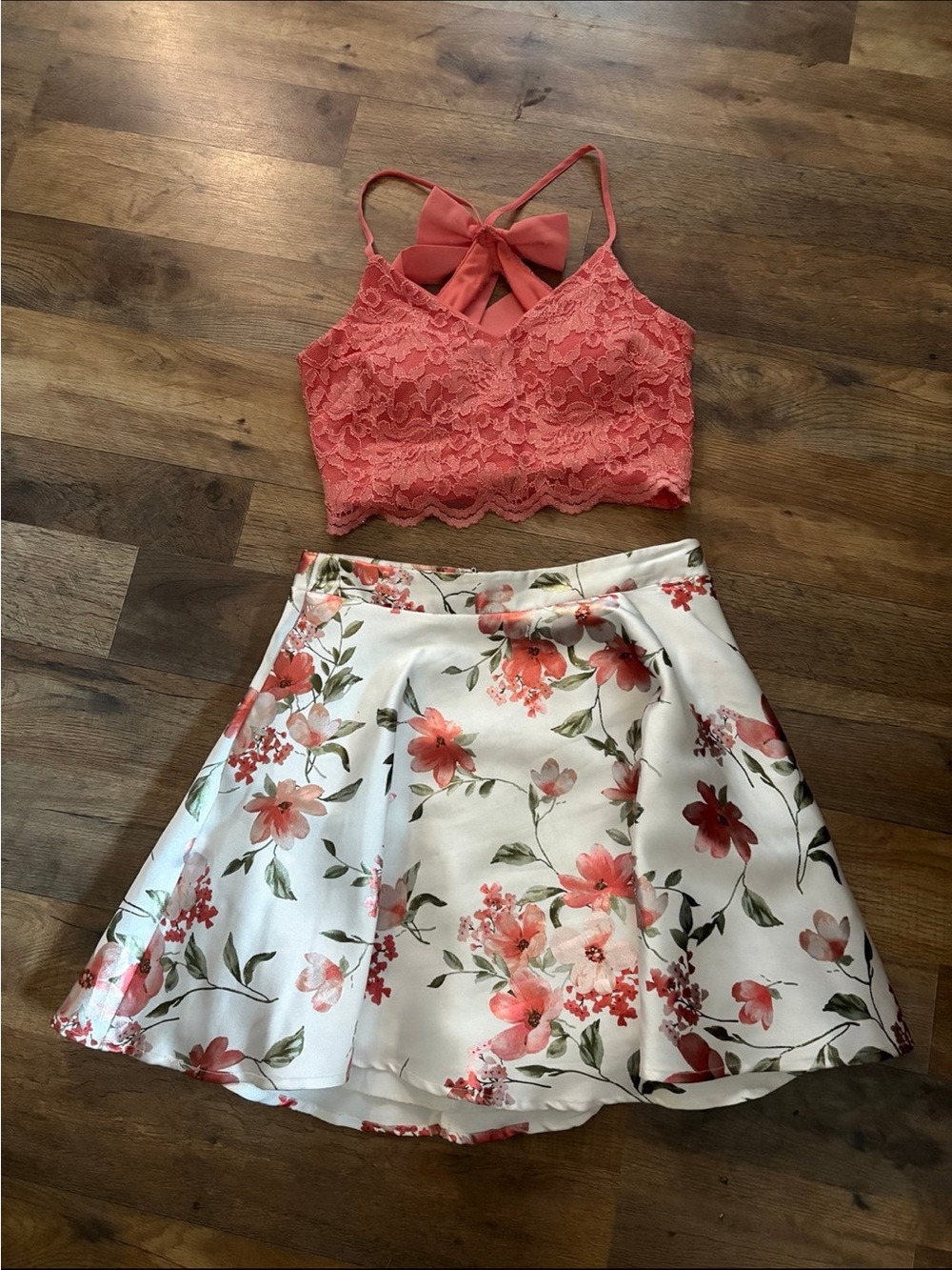 City Studio Coral Lace Crop Top with White Floral Circle Skirt